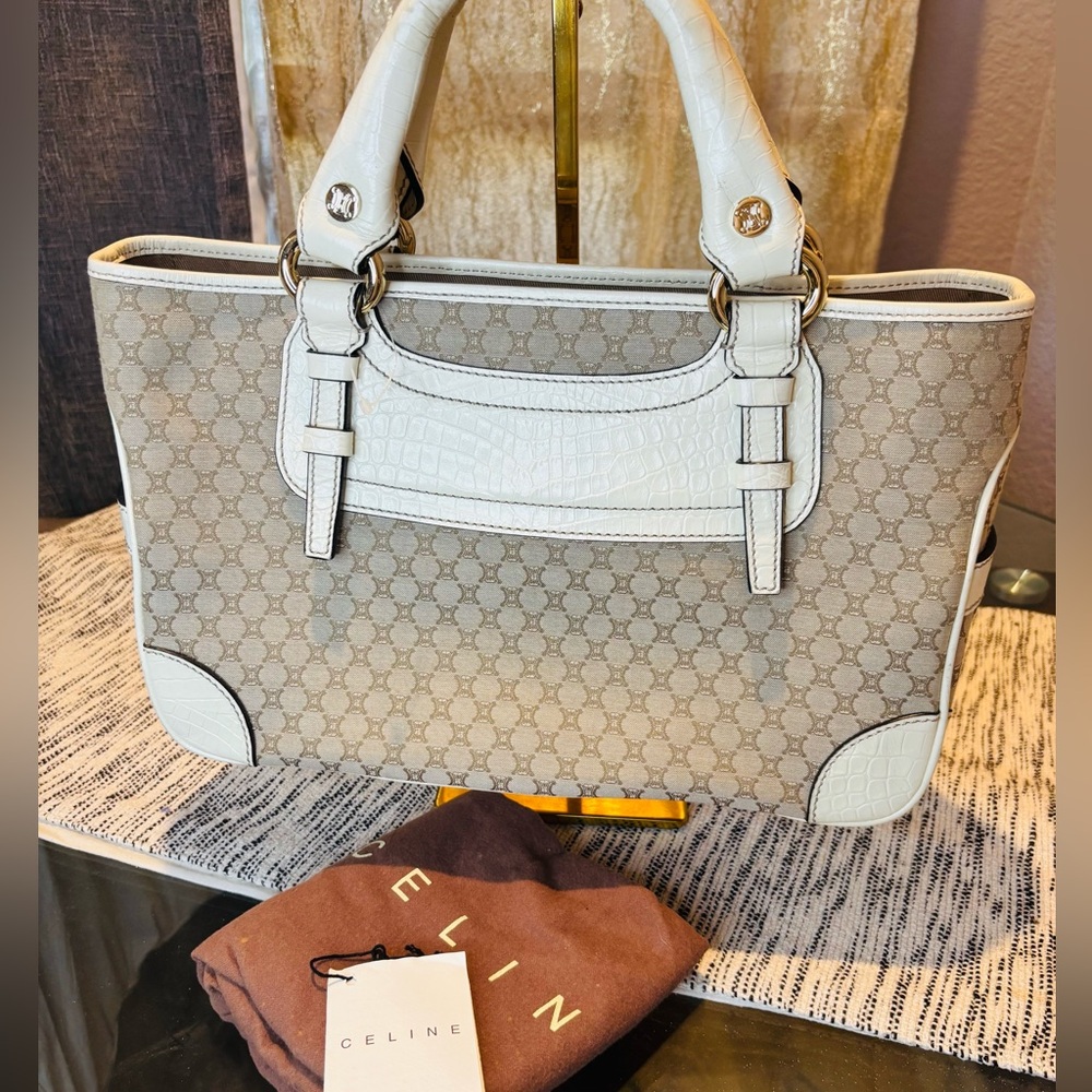Celine Tan and White Tote Bag Elegant Design